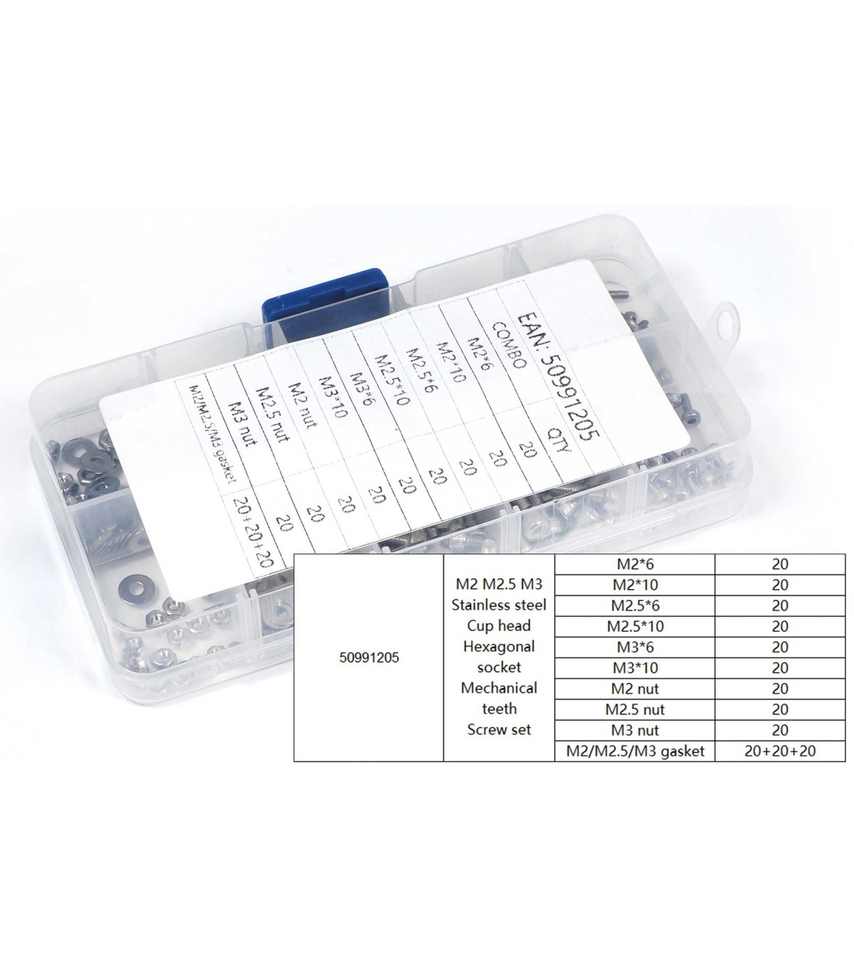 Boîte de vis tête cylindrique Six pans creux, écrous, rondelles 240pcs M2-M3 acier inoxydable