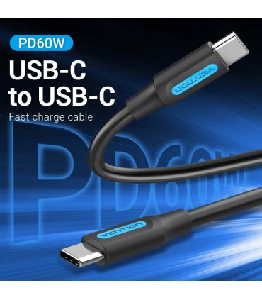 USB 2.0 Macho / Macho Tipo C PD 60W Preto Vention Cabo